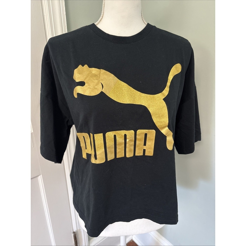 PUMA Womens Glam Cotton Relaxed Metallic Logo T-Shirt‎ S Cropped Oversized